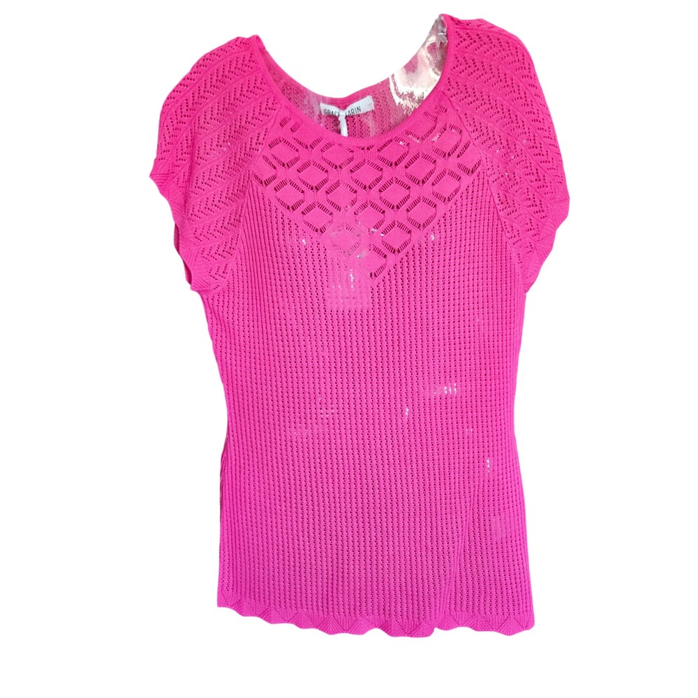 Grace Karin Hot Pink Crochet Knit Short Sleeve Scalloped Hem Top Size L NWT